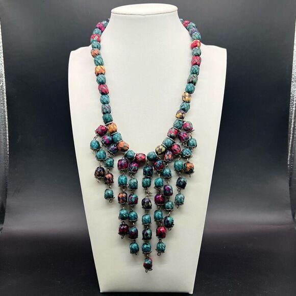 Woven Bead Statement Necklace Unique Fair Trade Fringed Bohemian Classic Boho - Picture 2 of 6